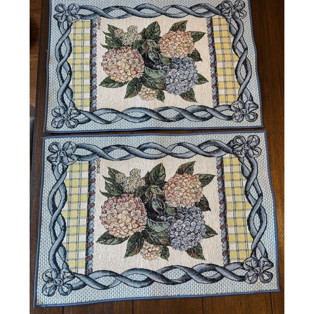 Elena Liu Floral Tapestry Placemats Set of 2 Hydrangea Woven Table Mats Blue